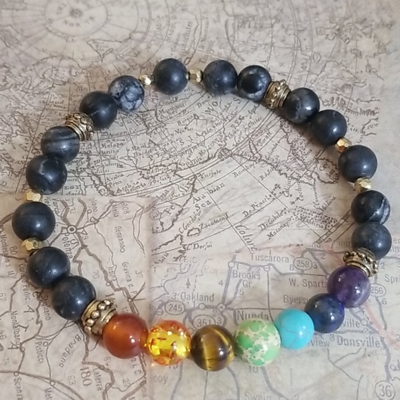 Other - Men's 7 Chakra stone & black stretch bracelet